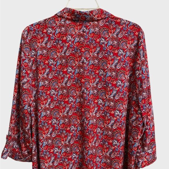 Catherines Button Up Floral Top Women's Size 0X 3/4 Sleeve Red Artsy Boho Office - Picture 11 of 13